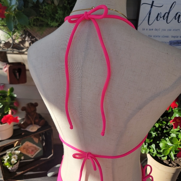 O P ♡ Gorgeous 2pc Bright Pink Padded Bralette String Bikini Swimsuit L | XL - Picture 5 of 11
